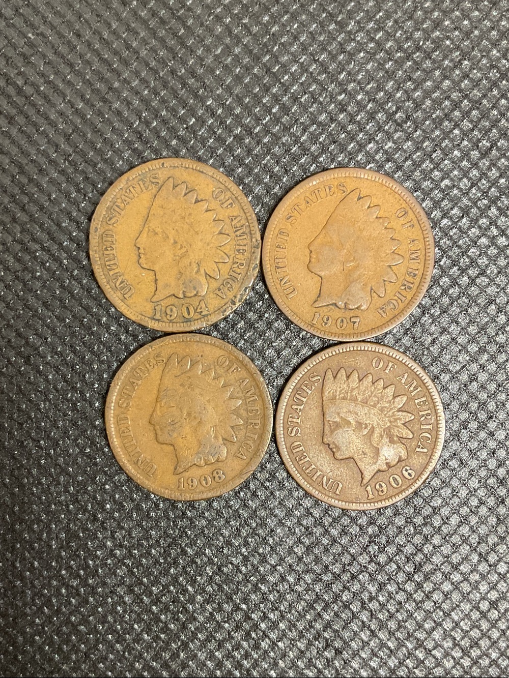 Vintage Indian Head Cents - Set of 4 (1904, 1906, 1907, 1908) - Copper Tone
